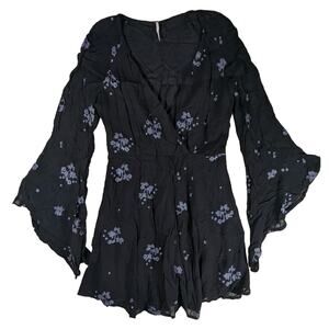 FREE PEOPLE Crinkled Floral‎ Print Bell Sleeve Faux Wrap Dress Size 4